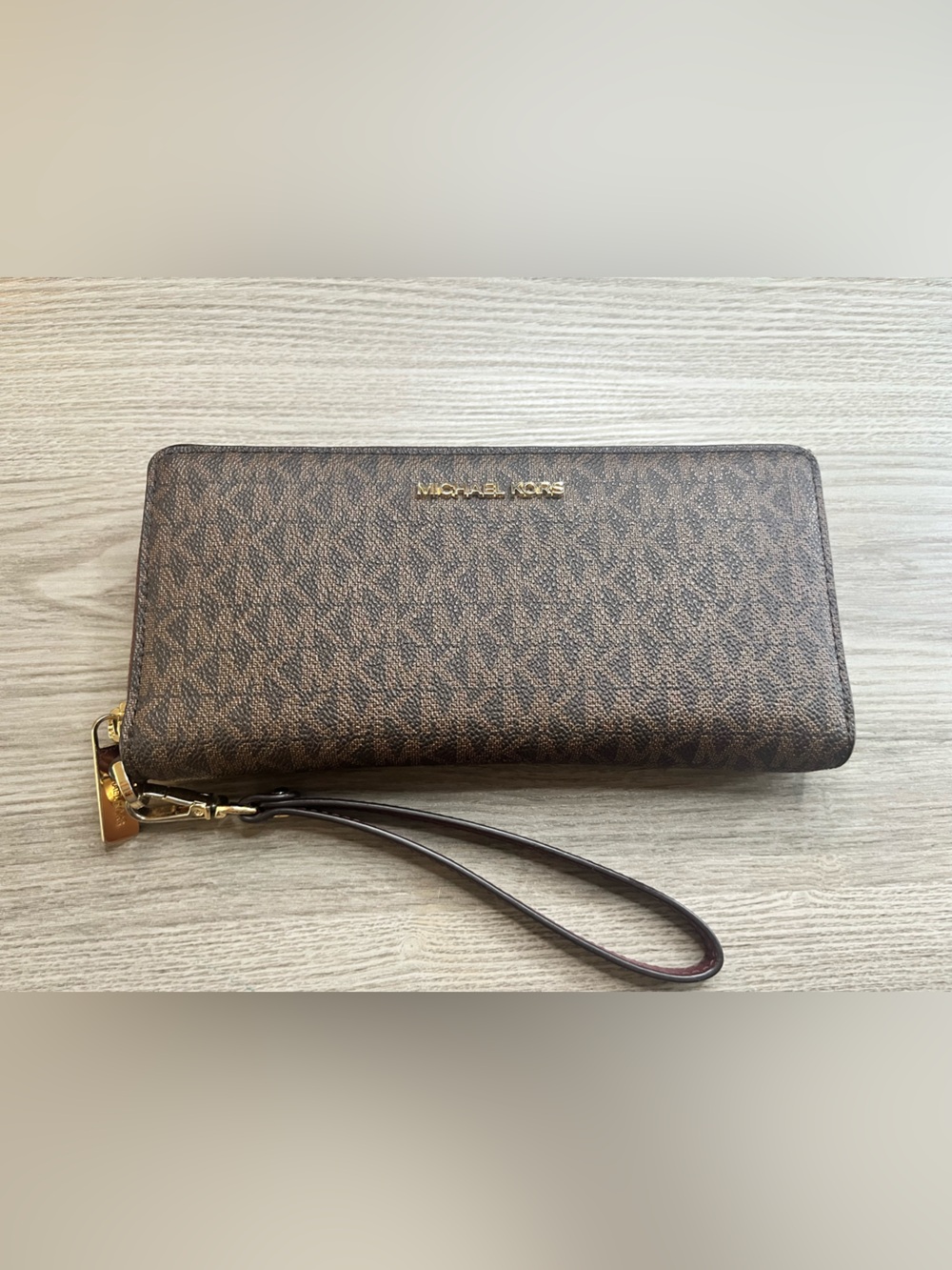 Michael Kors Brown Signature MK Zip-Around Wristlet